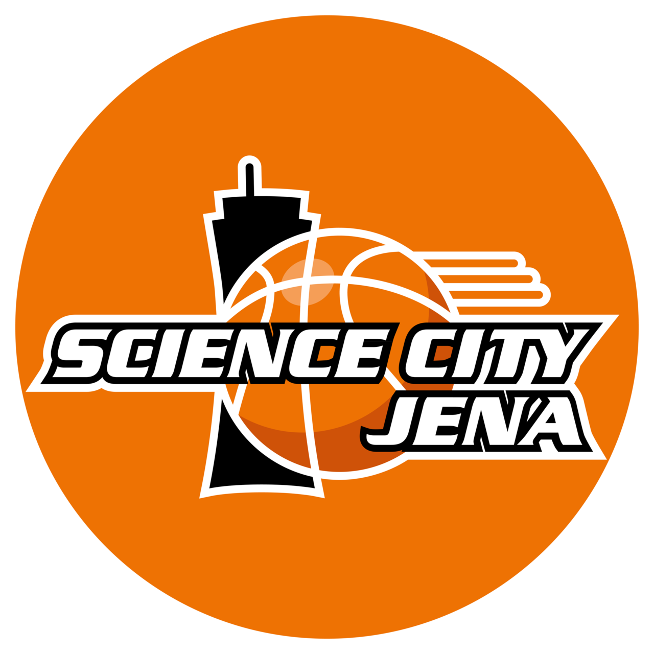 Rundes Logo von Science City Jena auf orangem Hintergrund